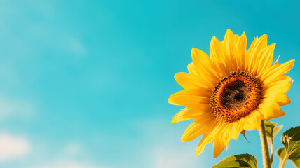 Obraz premium A yellow sunflower is in full bloom in a blue sky. The flower is the main focus of the image, and it stands out against the bright blue background. Concept of warmth and happiness