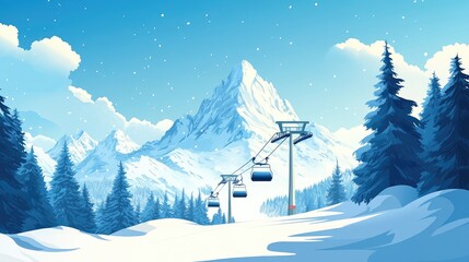 A clipart of a snow-capped mountain with a ski lift, ideal for winter sports promotions with ample copy space.