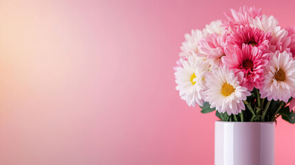 Fototapeta premium A vase of flowers sits on a pink background