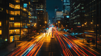 Obraz premium A busy city street at night with lots of traffic and lights. The city is lit up and the lights from the cars and street lamps create a warm and inviting atmosphere