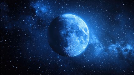 A close-up of a blue moon against a starry night sky, creating a striking and otherworldly effect with space for text.