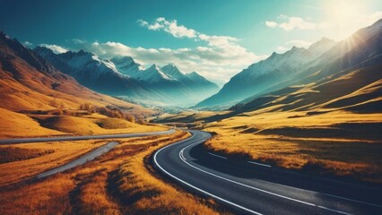Beautiful asphalt road between mountain peaks, wallpaper 