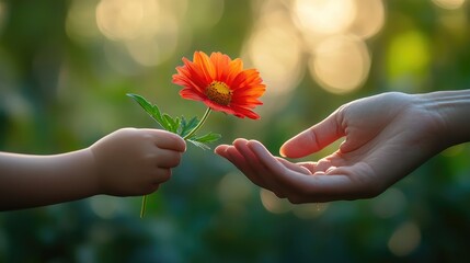 A close-up of a child's hand giving a flower to their mother, with a blurred background providing copy space.