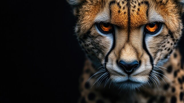 A close-up of a cheetahs face with intense eyes, highlighting its sleek and powerful features with space for text.
