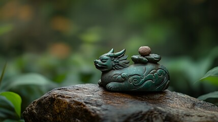 Obraz premium A decorative sculpture resembling a mythical creature, placed on a stone amidst greenery.