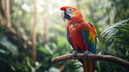 Obraz premium A close-up of a colorful parrot perched on a branch in a tropical rainforest, highlighting the beauty and diversity of wildlife with ample space for text.