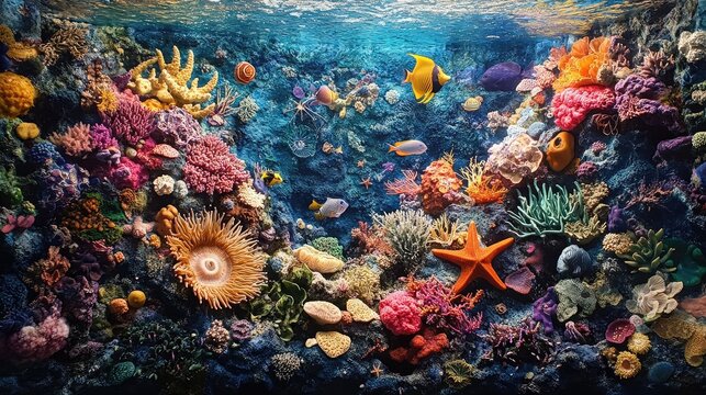 A close-up of a colorful coral reef teeming with marine life, including various species of fish, sea anemones, and starfish.