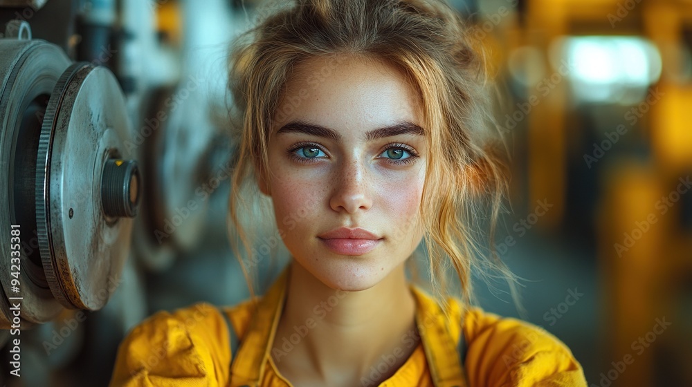 Poster woman working in industrial factory programming machine.stock image