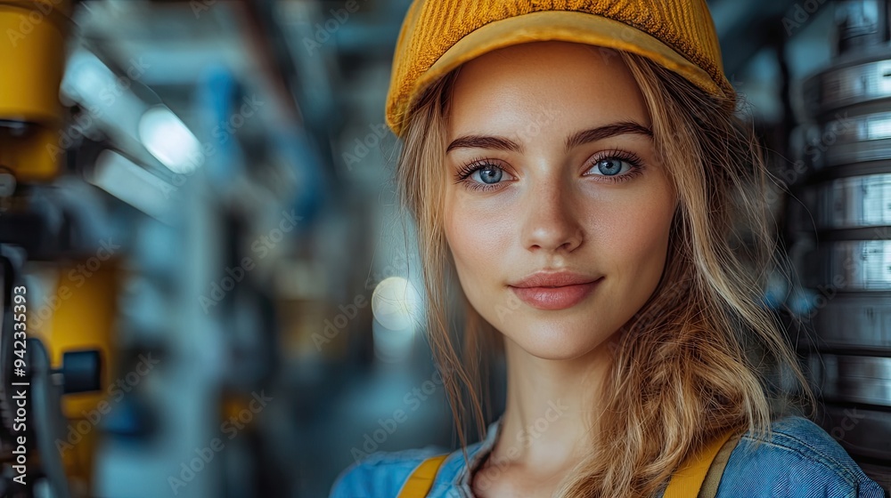 Poster woman working in industrial factory programming machine.stock image