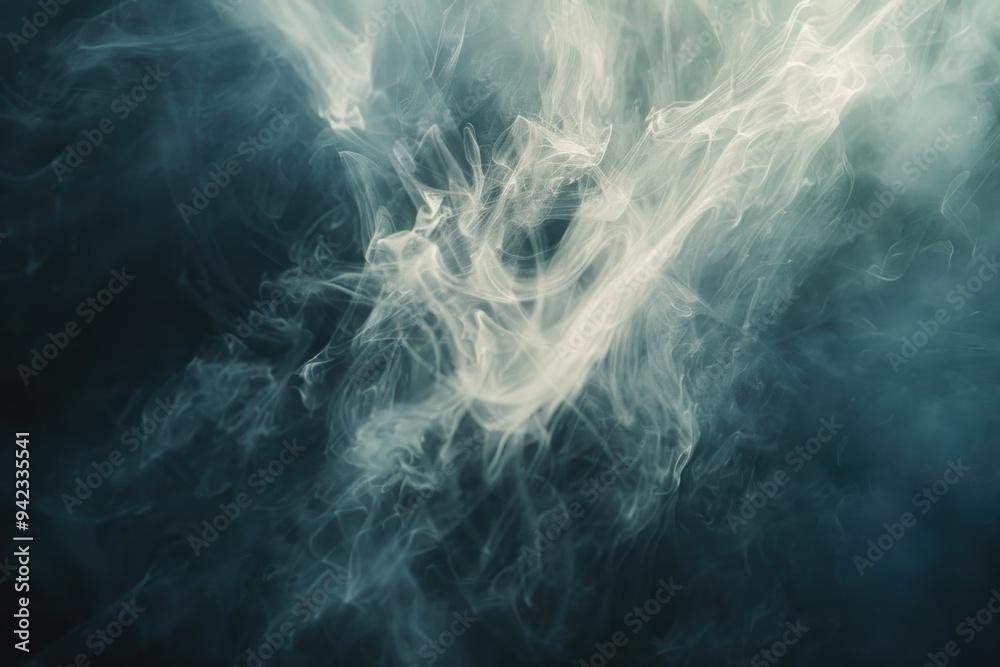 Poster a close-up shot of thick white smoke on a dark background, ideal for use in scenes where fog or haze