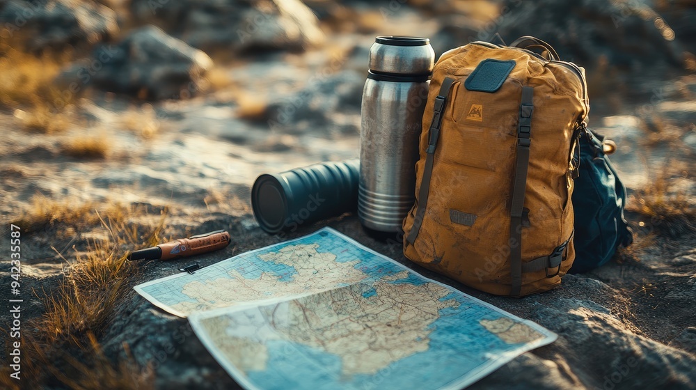 Wall mural A close-up of a desert survival kit with essential gear like water bottles and maps, highlighting the practicality of desert hiking with ample space for text.