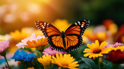 A butterfly is flying in a field of flowers. The butterfly is orange and black. The flowers are yellow and pink. The scene is peaceful and serene