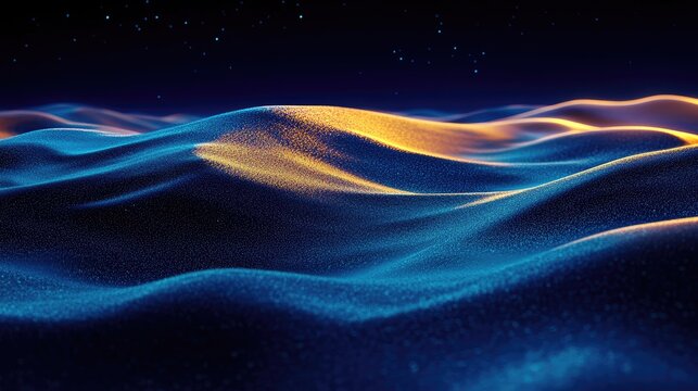 A close-up of a desert landscape at night, with moonlight creating intricate patterns on the sand and highlighting the contours of the dunes.