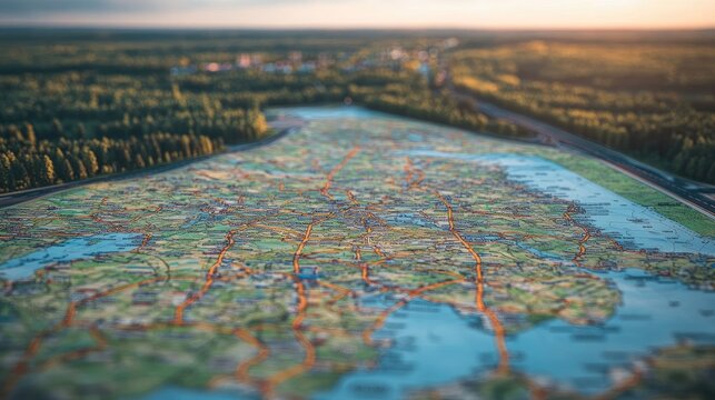 A close-up of a detailed road trip map with highlighted routes and destinations, perfect for planning adventures. Ample space for text.