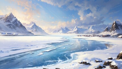 Fototapeta premium Painting, winter landscape of glaciers