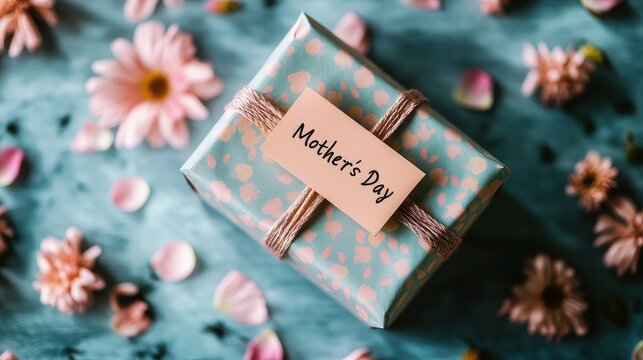 A close-up of a gift box wrapped in pastel paper with a "Mother's Day" tag, surrounded by scattered flower petals on a soft surface. - Powered by Adobe