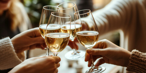 Friends Toasting with Champagne Glasses in Celebration at a Festive Gathering