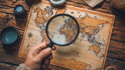 Fototapeta premium A close-up of a hand holding a magnifying glass over a world map, highlighting a specific destination, with travel planning items nearby.
