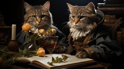 Renaissance Cats. [Digital Art Painting, Sci-Fi Fantasy Horror Background, Graphic Novel, Postcard, or Product Image]