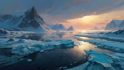 Painting, setting sun behind beautiful glaciers, winter