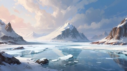 Painting, winter landscape of glaciers