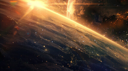 earth and stars space wallpapers, in the style of serenity and harmony, digital airbrushing, spacepunk, unearthly, firecore, pictorial space 