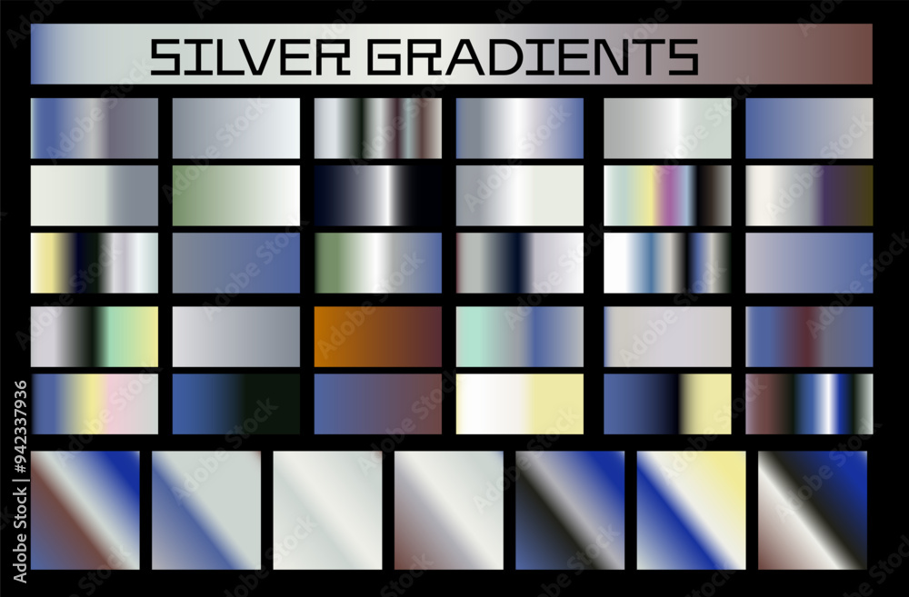 Poster A large set of silver shiny gradients representing metallic colors.