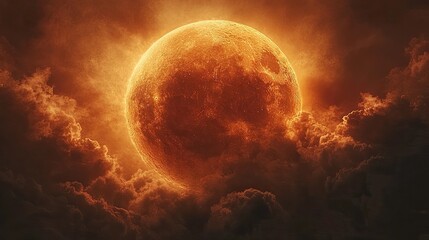 Obraz premium A close-up of a red moon partially covered by clouds, creating a mystical and otherworldly atmosphere with space for text.