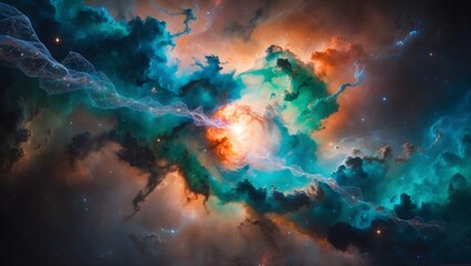A stunning digital depiction of a cosmic nebula, showcasing brilliant colors of blue, orange, and green against a starry background. Perfect for space enthusiasts.