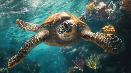 Obraz premium A close-up of a sea turtle gliding gracefully through clear ocean water, surrounded by a diverse marine ecosystem and coral.