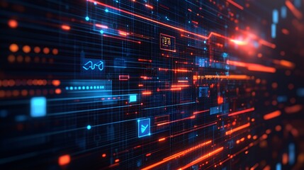 Obraz premium Abstract digital background with glowing lines and icons representing technology and data flow.