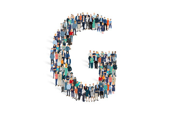 Illustration vectorielle représentant la lettre G de l'alphabet constituée d'une foule de personnages d'âge, de races et de sexes différents