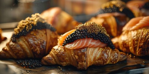 Butter puff croissants with Scottish smoked wild salmon and caviar adorned with real 24 carat gold foils showcased at an artisanal bakery in London