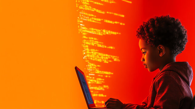 Young child coding on a laptop against a vibrant red and orange background with lines of code displayed, symbolizing early tech education.