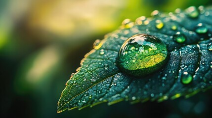 A close-up of a single large raindrop on a leaf, capturing the intricate details and reflections within the drop with space for text.