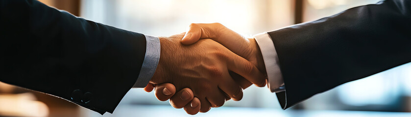 Obraz premium Two business professionals shaking hands, symbolizing partnership and agreement in a corporate setting, with a blurred background.