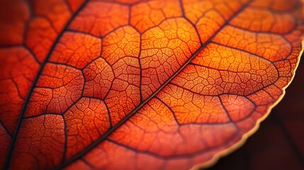 A close-up of a single, vibrant autumn leaf with intricate details and rich colors, perfect for seasonal themes with ample copy space.