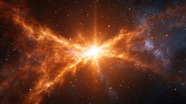A close-up of a star in a galaxy, glowing with intense light and surrounded by cosmic dust. The background fades into darkness, providing generous copy space.