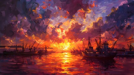 Obraz premium Bustling harbor at sunset, ships and cranes silhouetted against vibrant orange and purple skies, thick oil strokes capturing the energy and movement, hand brush painting