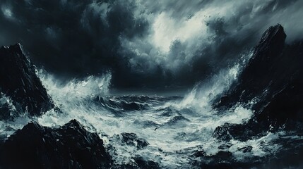 Obraz premium A dark seascape with violent waves pounding against jagged rocks, rendered in bold oil paint strokes, hand brush technique capturing the fury of the storm, dramatic and intense