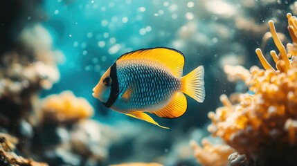 A close-up of a tropical fish swimming among coral formations, showcasing the beauty and diversity of marine life with space for text.