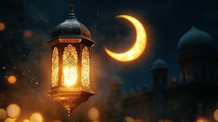 Obraz premium Ornate Lantern and Crescent Moon
