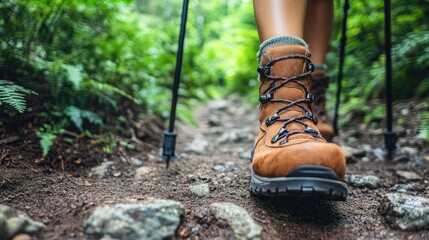 A close-up of a womans hiking boots on a rugged path, with her trekking poles and a lush trail visible, emphasizing the gear and readiness for hiking.