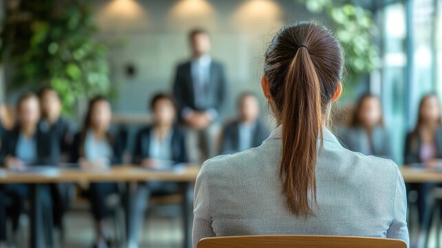 Asian woman facing panel for interview in professional setting