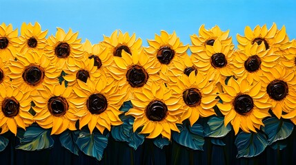 Naklejka premium Field of sunflowers moving in the wind, oil on canvas, thick, textured brushstrokes, vibrant yellow petals, blue sky, traditional style, hand brush painting