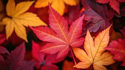 A close-up of autumn leaves in vibrant shades of red, orange, and yellow, perfect for seasonal themes and backgrounds with ample copy space.