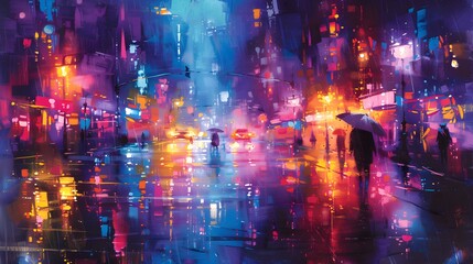 Obraz premium Nighttime city lights reflecting in wet streets, with blurred outlines and rich color contrasts, captured in a loose, impressionistic watercolor style that highlights the vibrancy of urban energy