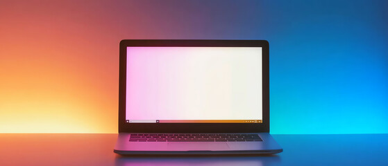 Laptop with blank screen displayed against a vibrant gradient background. Perfect for technology, workspace, or modern themes.