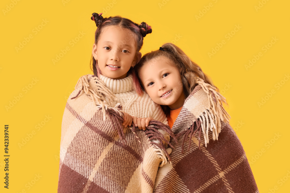 Sticker cute little happy girls in autumn clothes with plaid on yellow background