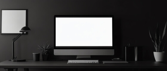 Minimalist black desk setup with modern computer display, lamp, plants, and keyboard against a dark background for a sleek workspace look.